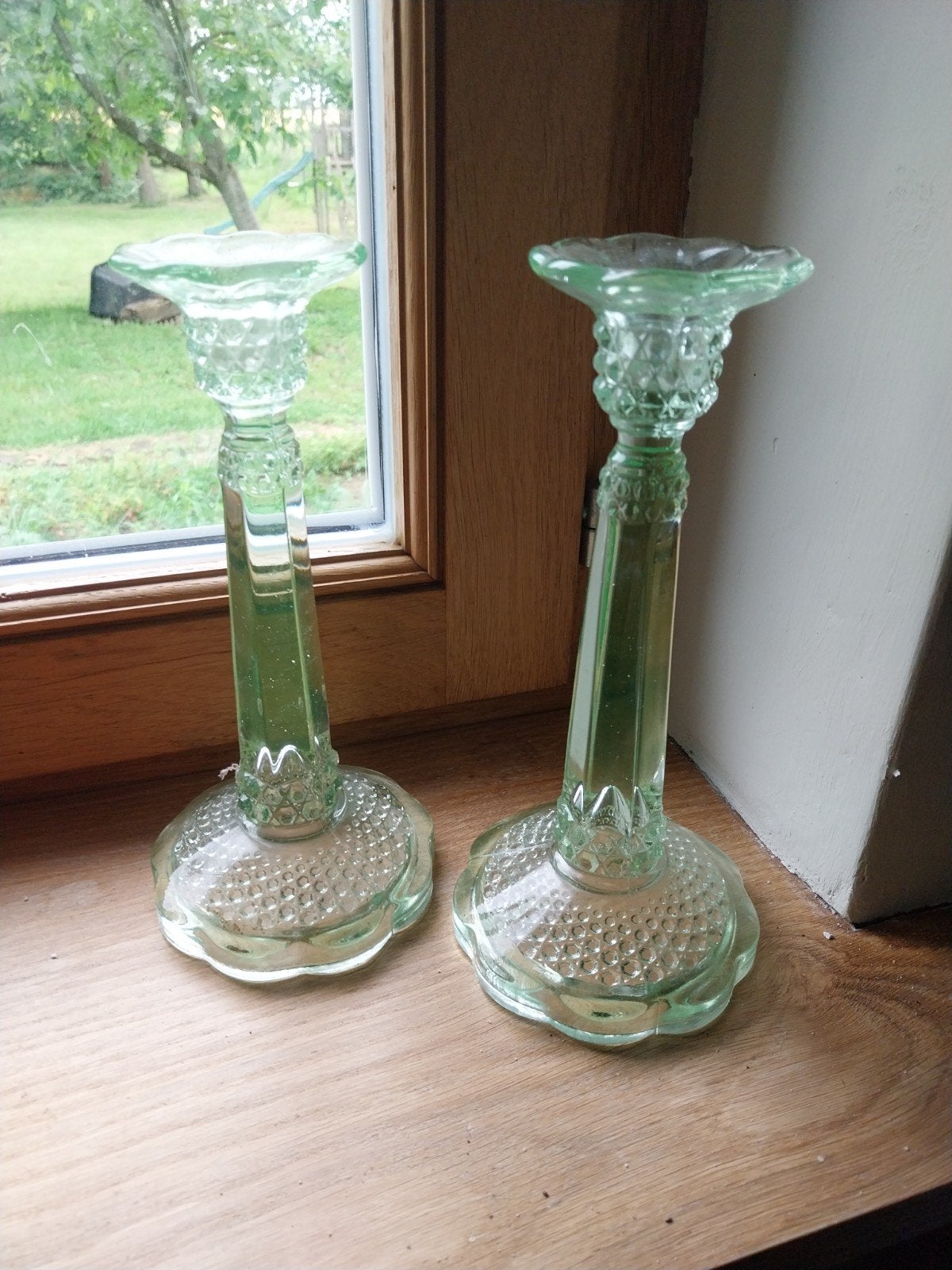 Art deco uranium glazen kandelaars, Antiek en Kunst, Ophalen, Glas
