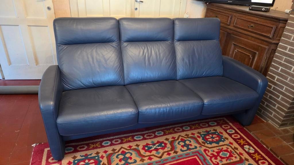 Canapé 3 places + 2 fauteuils en cuir bleu - Koksijde, Enlèvement, Cuir