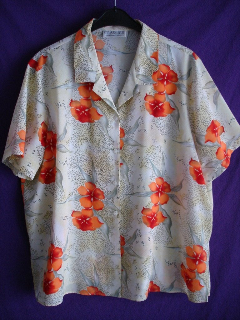 Fleurige zomerblouse met korte mouwen zacht groen met oranje, Classics 0, Maat 46/48 (XL) of groter, Ophalen of Verzenden, Gedragen