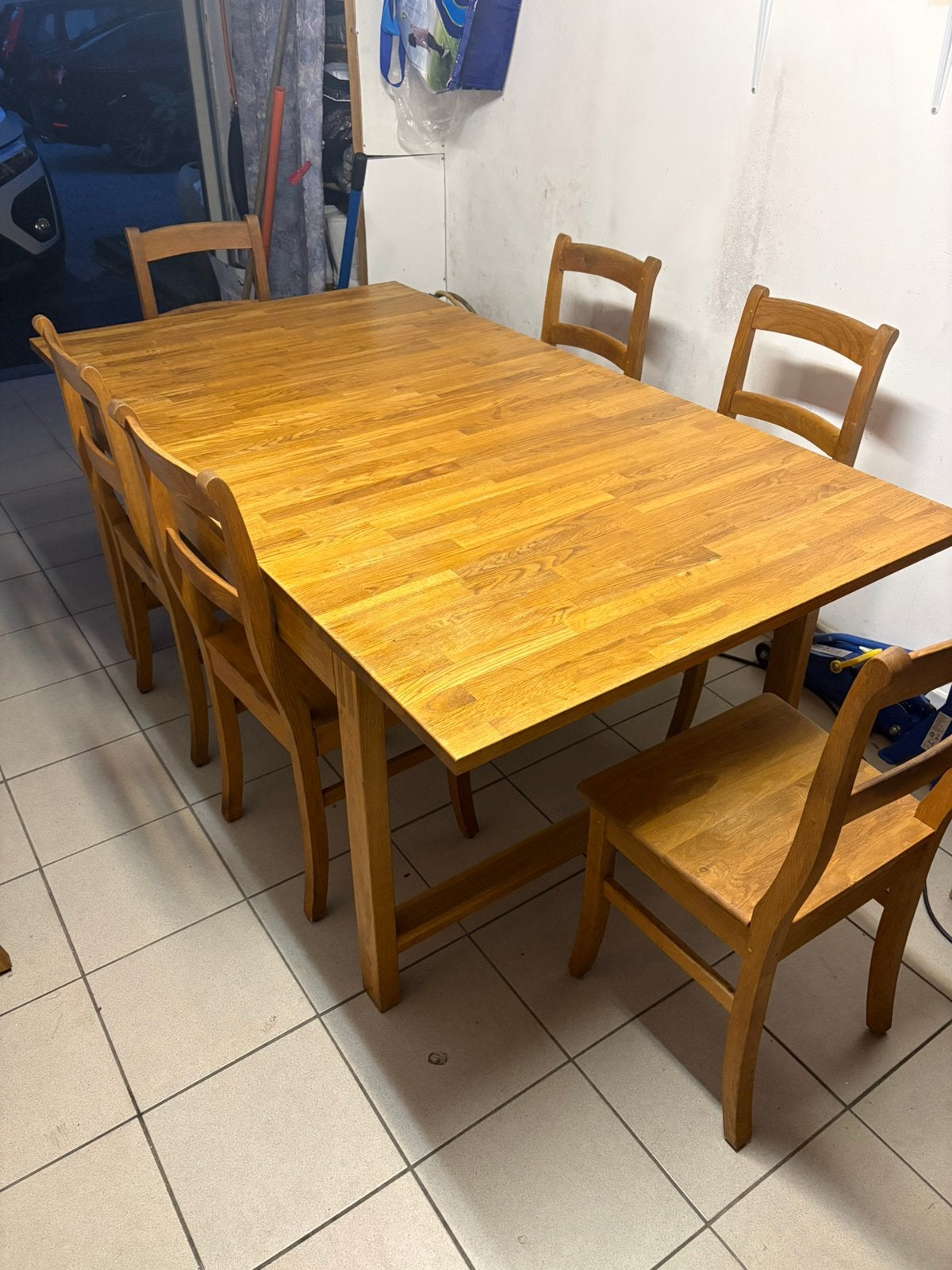 Eiken eetkamerset – uitschuifbare tafel + 8 stoelen, Huis en Inrichting, Ophalen, Gebruikt