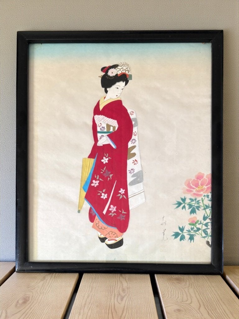 Oud Japans schilderij op zijde — Maiko/Geisha gesigneerd, Antiek en Kunst, Ophalen of Verzenden