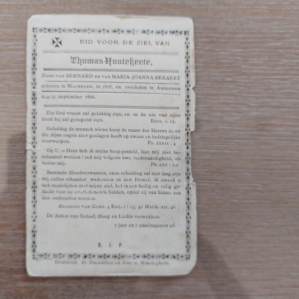 Oud bidprentje 1818-1886 Machelen - Anzegem, Collections, Images pieuses & Faire-part, Enlèvement ou Envoi, Image pieuse