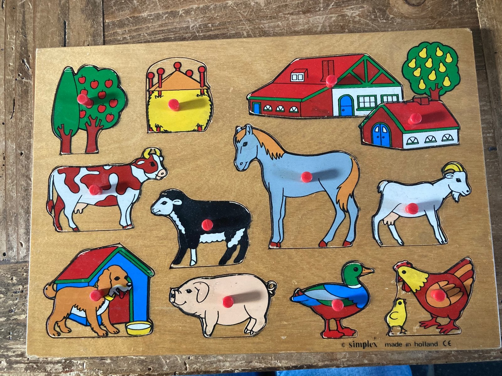 Vintage Houten legpuzzel simplex boerderijdieren, Ophalen, 10 tot 50 stukjes, Zo goed als nieuw, Van hout