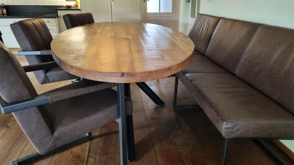 Banc de salle à manger de luxe + 3 fauteuils, Enlèvement, Comme neuf, Cinq personnes ou plus, Modern - Industrieel