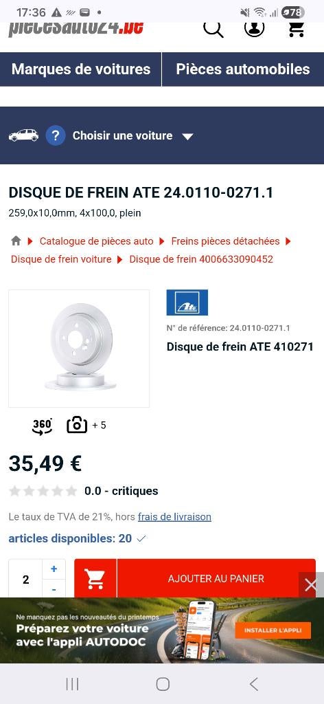 Disque de frein ATE 24.0110-0271.1, Autos : Pièces & Accessoires, Freins & Transmission, Enlèvement, Neuf, Mini