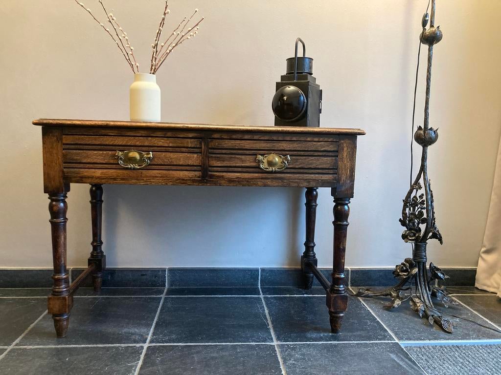 Antiek Engels tafeltje met 2 schuiven. Vol eiken hout., Gebruikt, 100 tot 150 cm, Eikenhout, Antiek