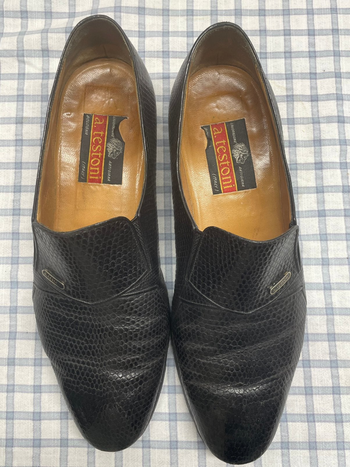 Exclusieve zwarte a. testoni schoenen Hagedissenleer–Maat 42, Zwart, Gedragen, Loafers, Ophalen