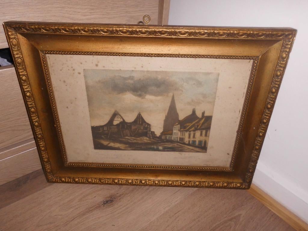 gravure signe Dasselborne WWI ruines hotel de ville warneton, Enlèvement ou Envoi, Gravure