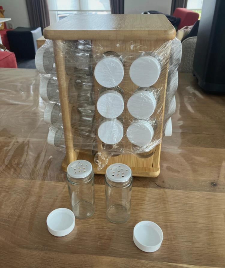 XXL kruidencarrousel bamboe met 32 glazen potjes, Huis en Inrichting, Keuken | Keukenbenodigdheden, Glas, Nieuw, Ophalen of Verzenden