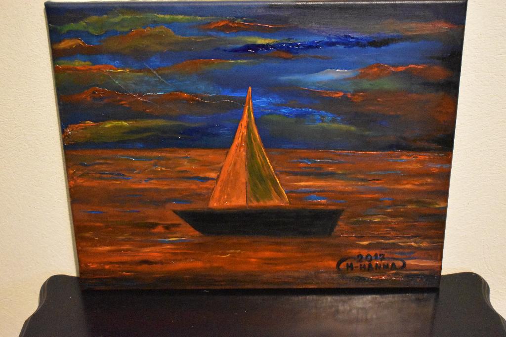 Oranje zeilboot landschapsschilderij, schilderij joky Kamo, Antiek en Kunst, Ophalen