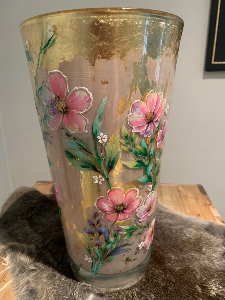 Handgedecoreerde glazen vaas met bloemen, 30 cm, Nieuw, Ophalen of Verzenden, Roze