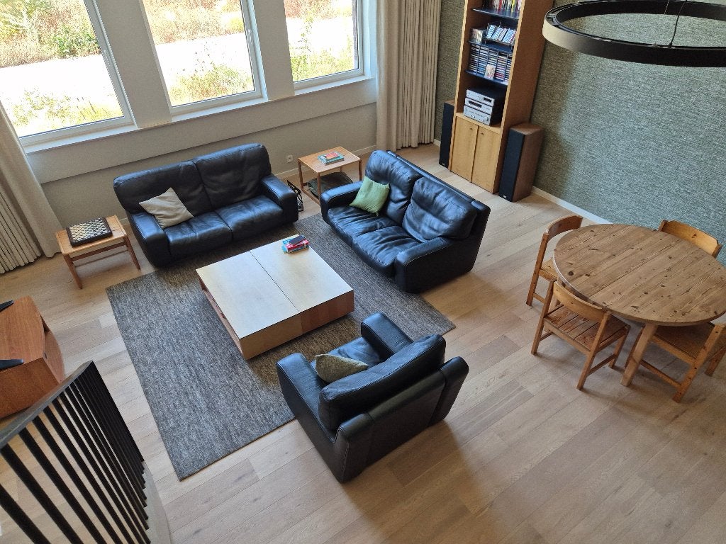 Modern salon in zwart massief buffelleer., Huis en Inrichting, Ophalen, Gebruikt, Leer, Modern