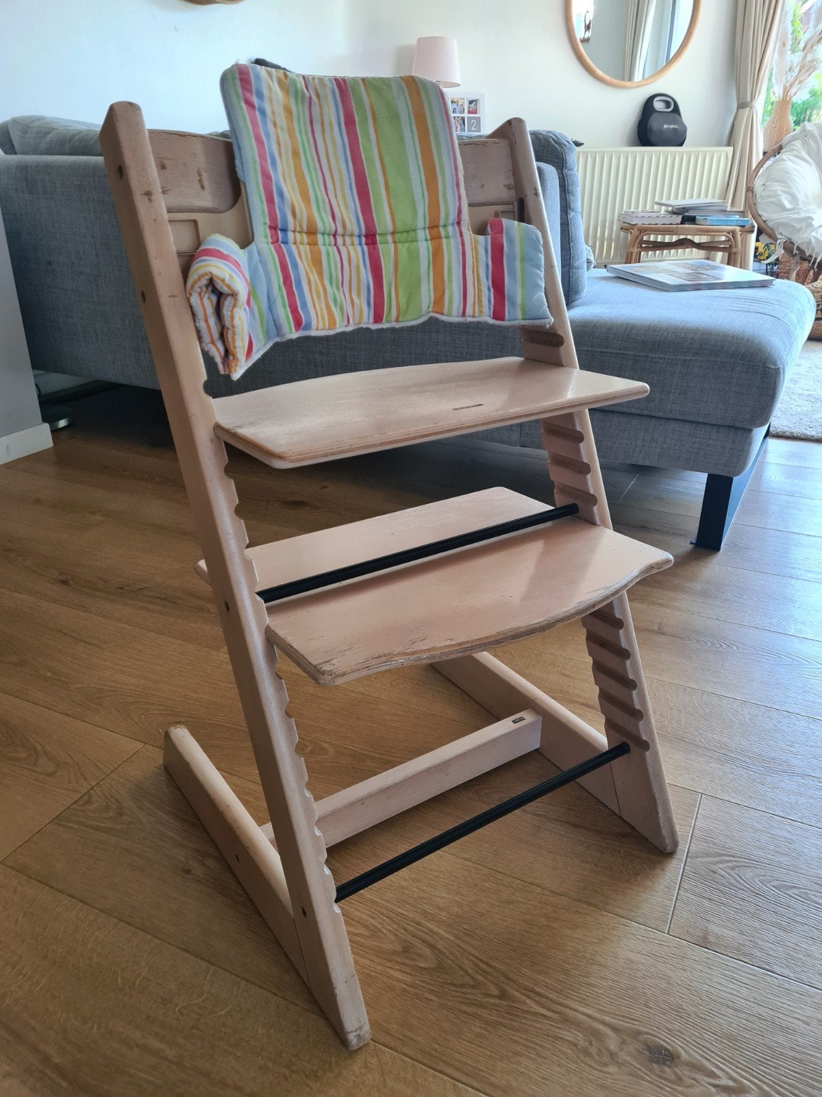 Chaise haute Stokke Tripp Trapp (Bois naturel) + Coussin, Enlèvement ou Envoi, Utilisé, Chaise évolutive
