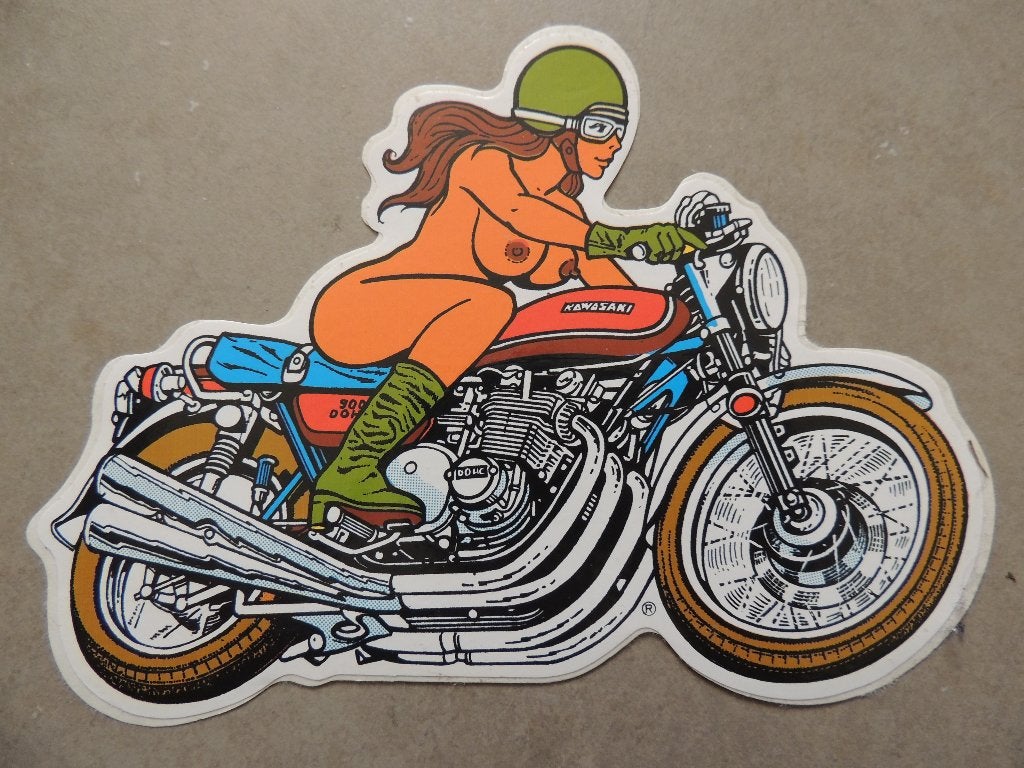 Kermis Kawasaki motor pin-up sexy nude women sticker, Ophalen of Verzenden, Zo goed als nieuw, Auto of Motor