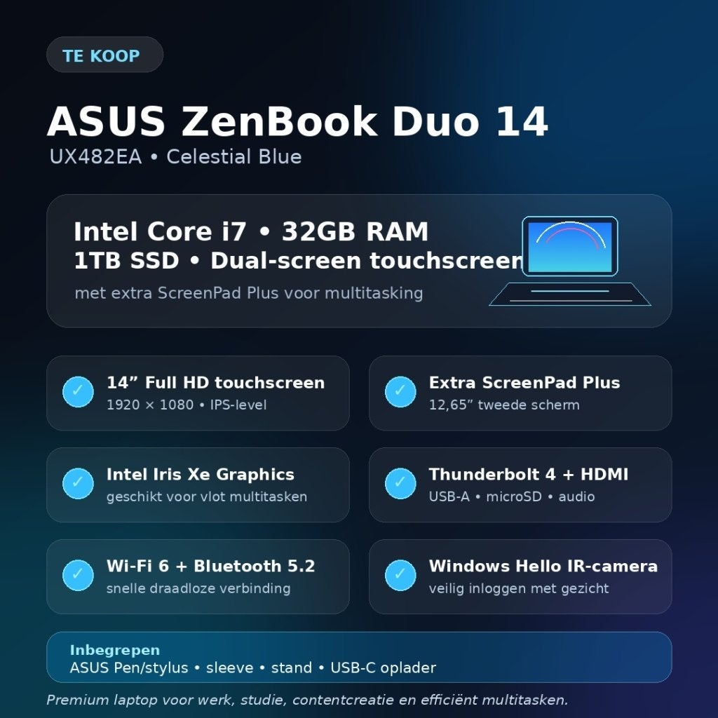 ASUS ZenBook Duo 14 i7, 32GB 1TB SSD, dualscreen touchscreen, Computers en Software, Windows Laptops, Ophalen, Asus, 32 GB, Intel Core i7 processor
