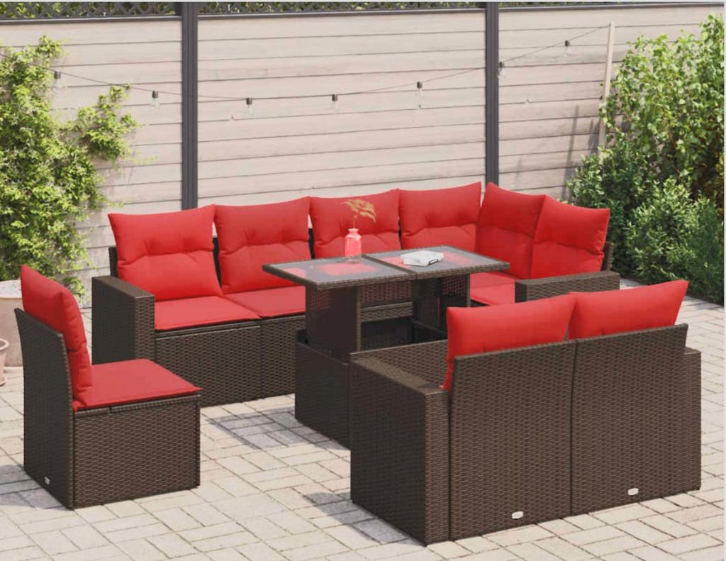 9-delige Loungeset met kussens poly rattan acacia bruin, Tuin en Terras, Tuinsets en Loungesets, Zo goed als nieuw, Loungeset