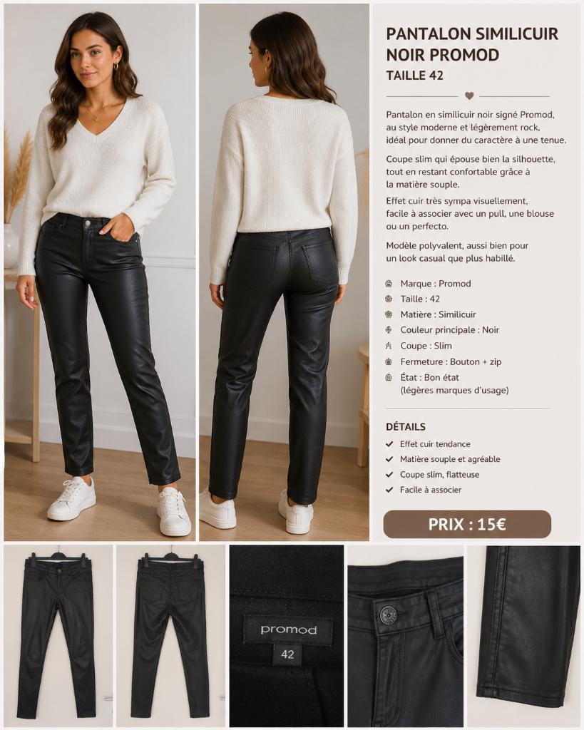 Pantalon similicuir noir Promod – Coupe slim – Taille 42, Kleding | Dames, Zwart, Maat 42/44 (L), Lang, Gedragen