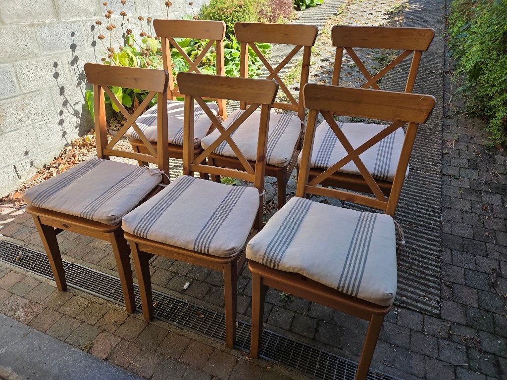 6 chaises + assises en tissus, Bois, Comme neuf, Brun, Enlèvement