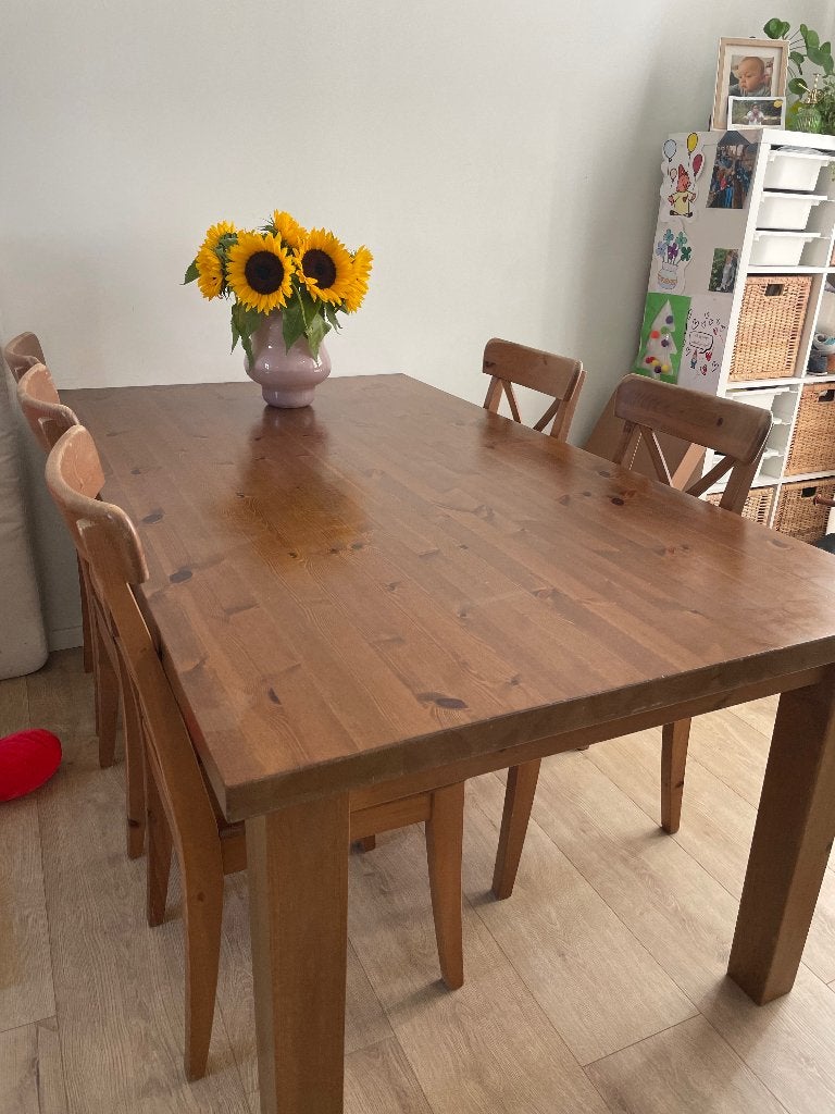 Bruine houten eettafel met 6 stoelen, 150 à 200 cm, Cinq personnes ou plus, Enlèvement, Utilisé