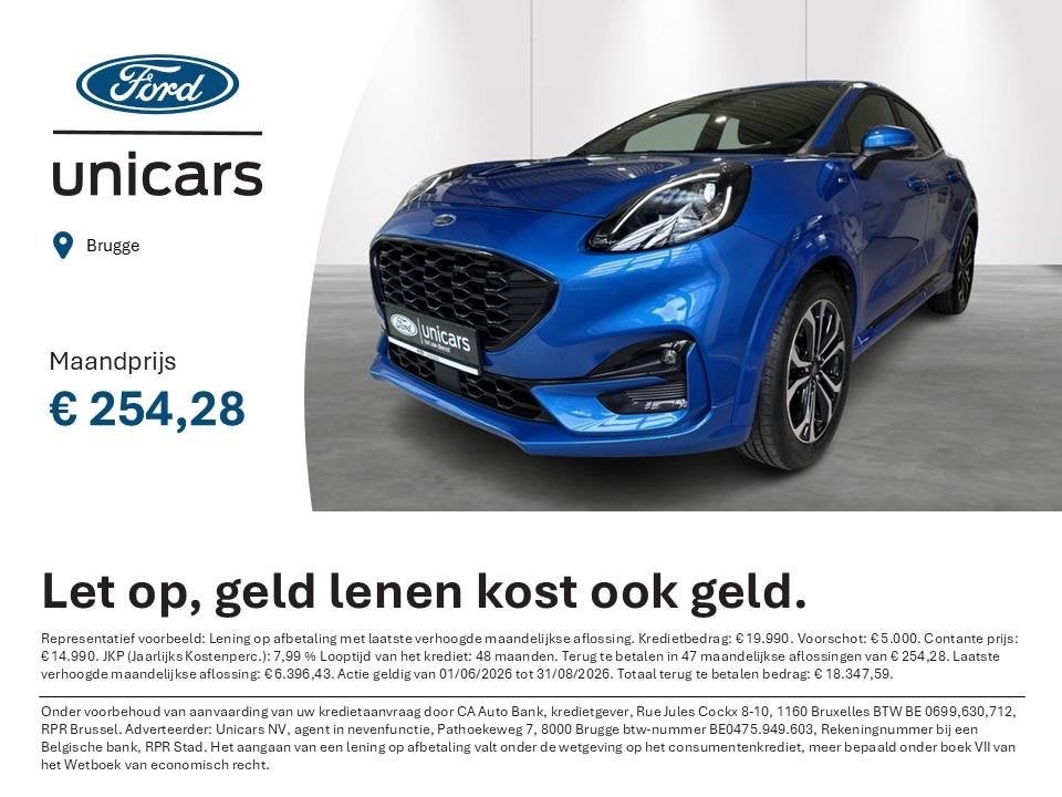 Ford Puma 1.0i Ecoboost mHEV 92kW ST-Line, Stof, Blauw, Bedrijf, 5 deurs