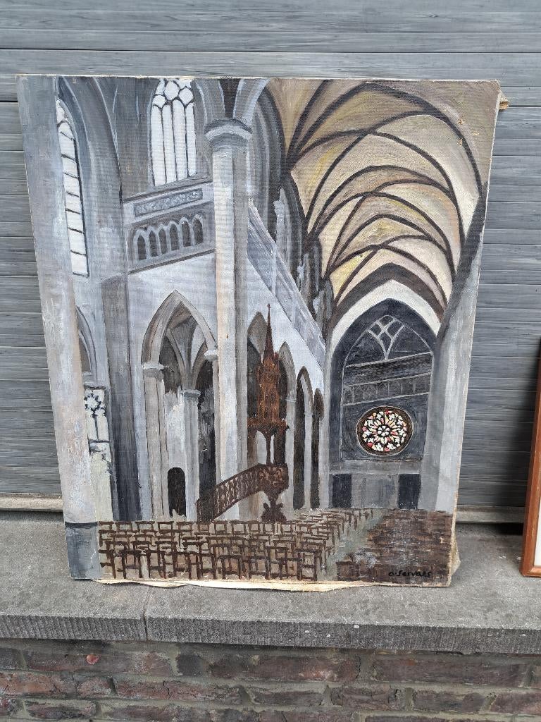 Huile sur toile interieur eglise signe albert servaes, Ophalen of Verzenden