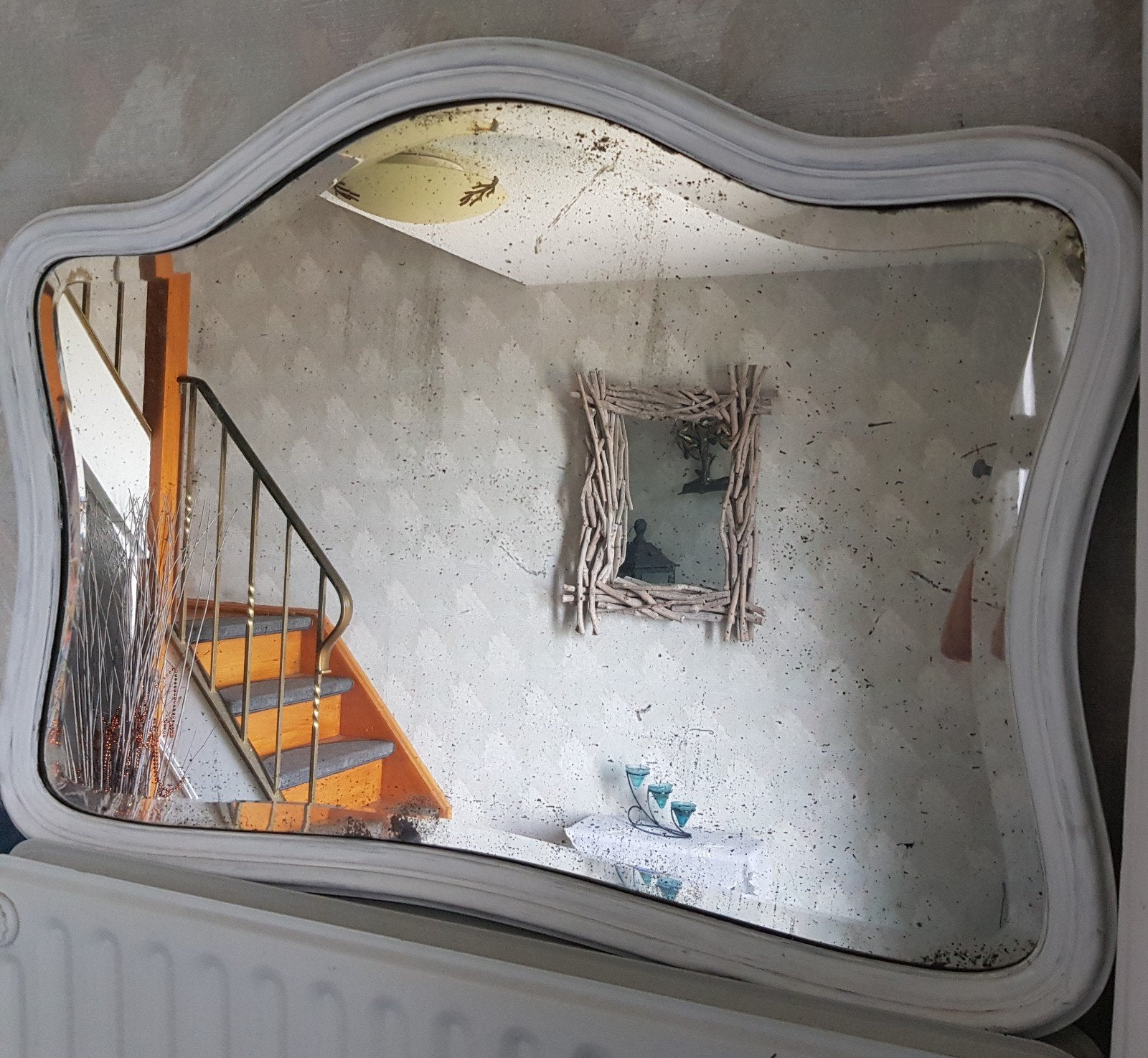 Miroir vintage grand format biseauté. Contour patiné, Antiquités & Art, Enlèvement