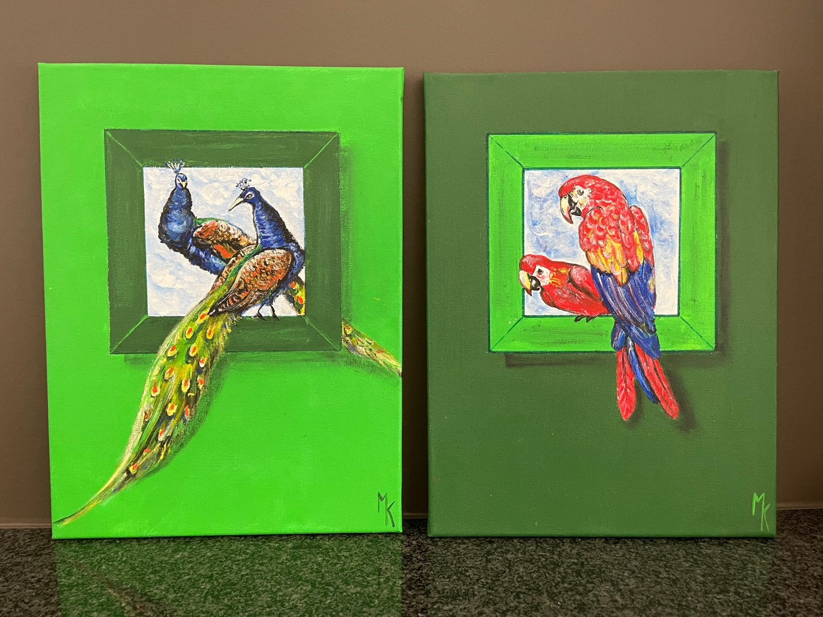 Peintures modernes de perroquets et de paons, Enlèvement ou Envoi, Signé, Peinture acrylique, Animaux