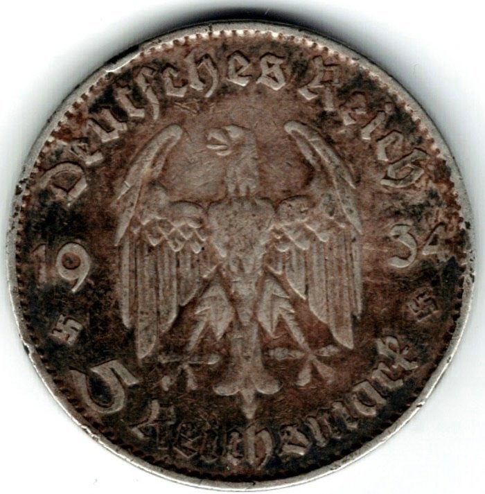 5 Reichsmark 1934 F Duitsland zilver (.900), Verzenden, Duitsland, Losse munt, Zilver