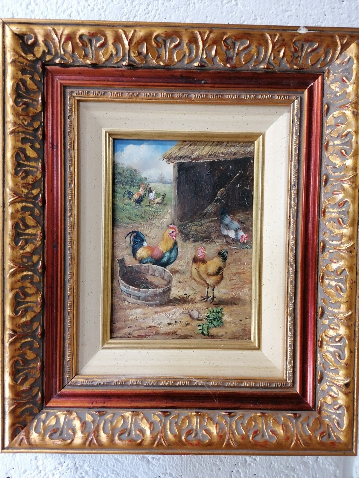 Huile sur panneau Basse cour, Enlèvement, Classique, Signé, Panneau