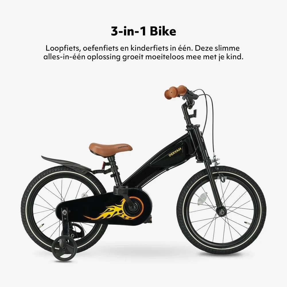 DERYAN Luxe Kinderfiets 16 inch 3-in-1 – Turbo - Zijwieltjes, Kinderen en Baby's, Ophalen of Verzenden, Zo goed als nieuw