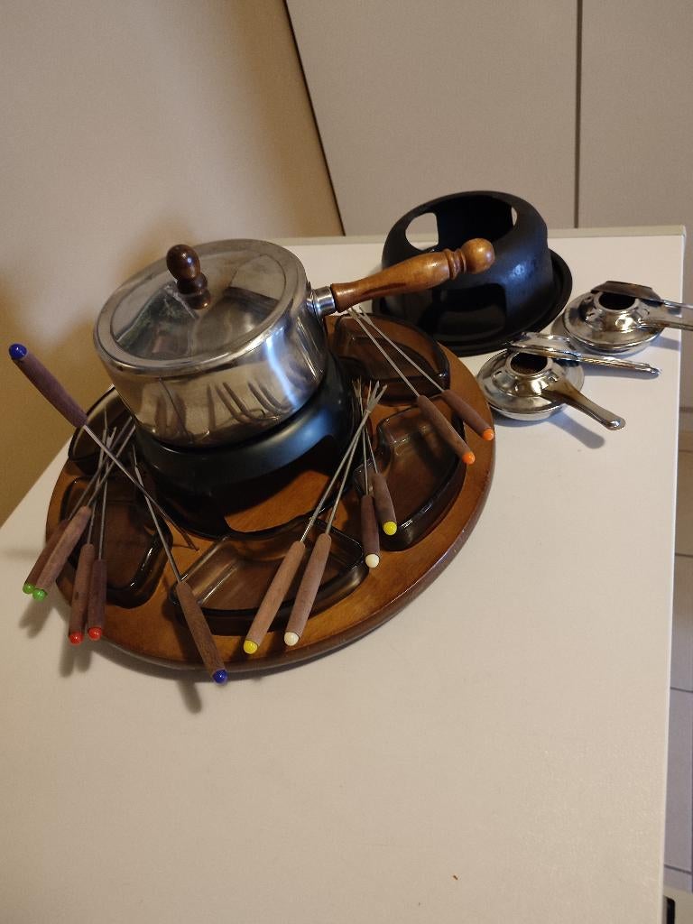 Retro 6-persoonsfondueset met draaiplateau & toebehoren, Ophalen, Gebruikt, Waxinelicht, Fondueset