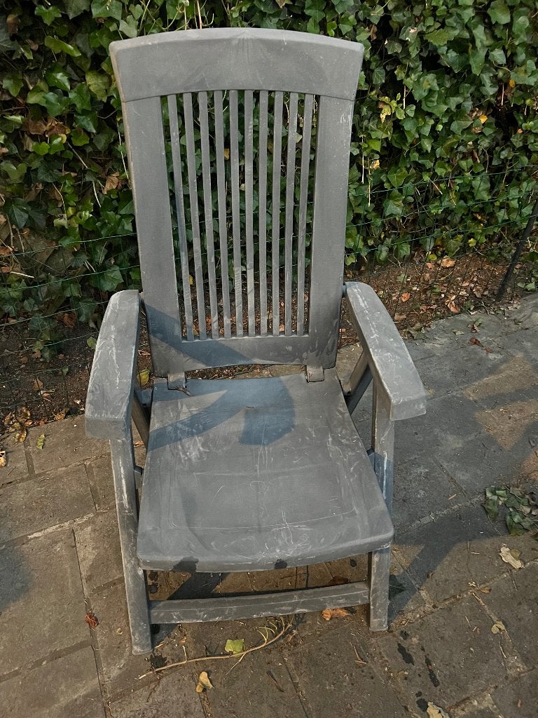 4 blauwe verstelbare (verkleurde) inklapbare stoelen, Jardin & Terrasse, Chaises de jardin, Utilisé, Synthétique, Pliant, Ajustable