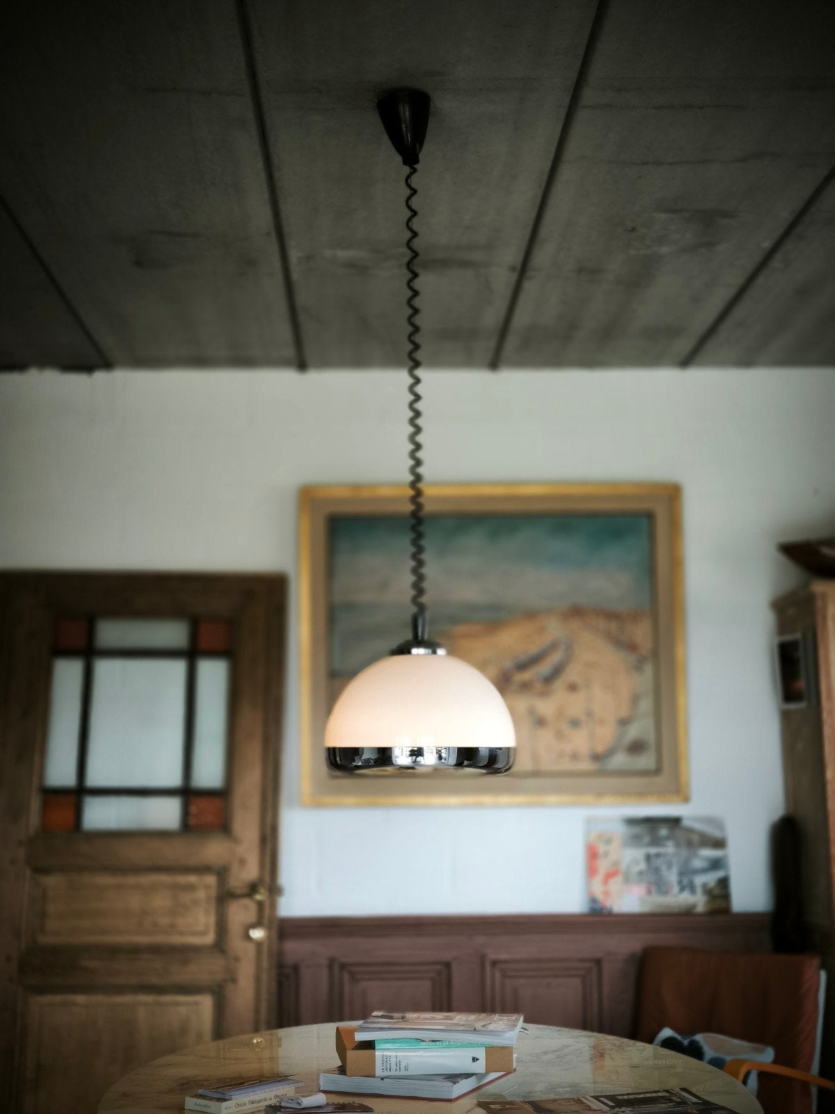 Lampe suspension Space Age abat jour plexiglas avec chrome, Enlèvement ou Envoi, Comme neuf, Vintage, E27 (grand)