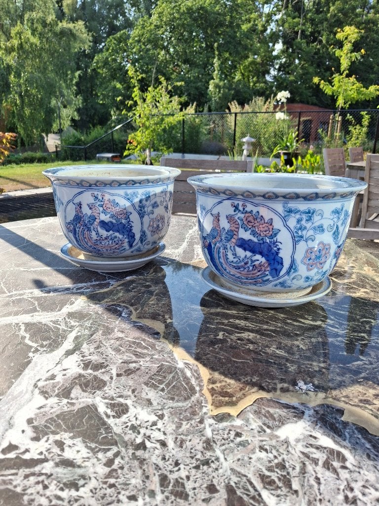 2 Chinese bloempotten met schaal, Ophalen, Overige materialen, Rond, Binnen