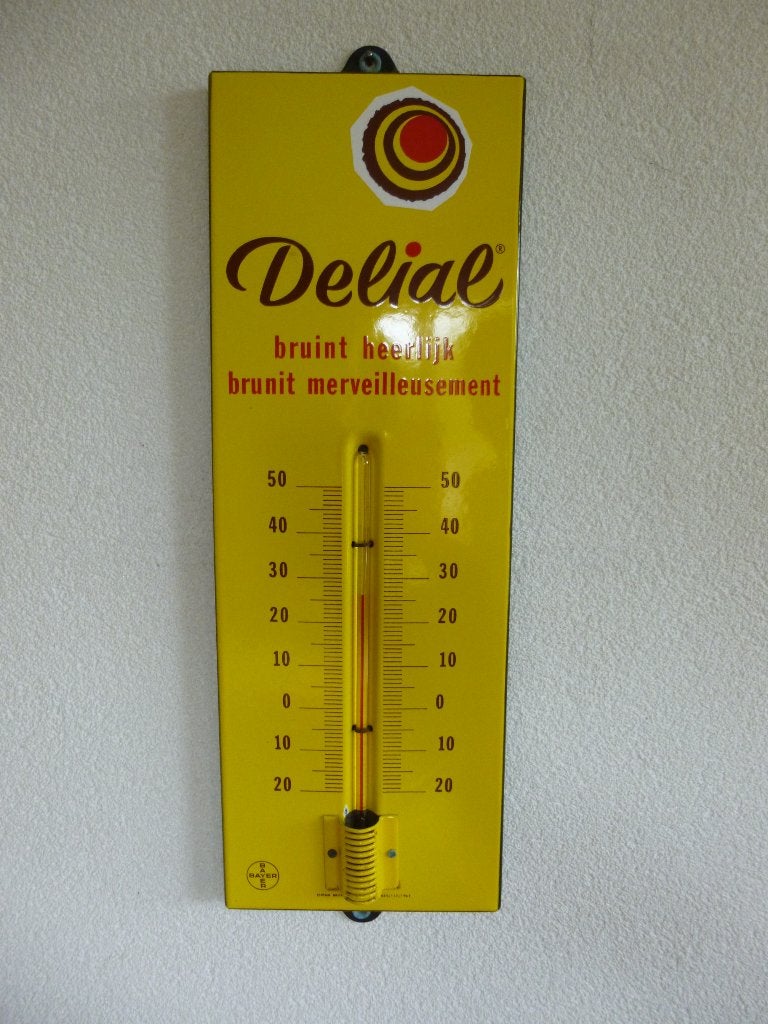 THERMOMÈTRE EN ÉMAIL«DELIAL BRUNIT MERVEILLEUSEMENT"DES1962, Collections, Enlèvement ou Envoi, Comme neuf, Panneau publicitaire