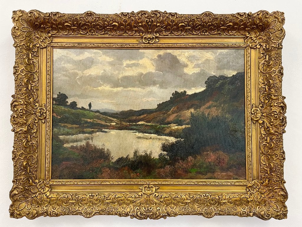 GROOT ANTIEK OLIEVERFSCHILDERIJ gesigneerd - Landschap, Ophalen, Doek, Olieverf, Landschap