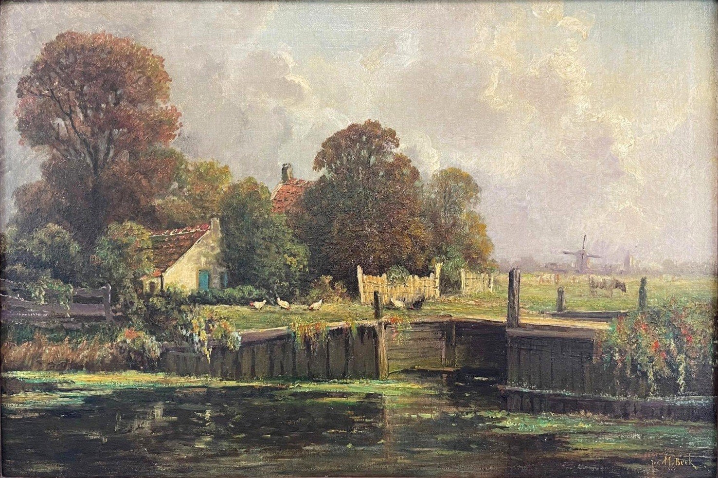 ANTIEK OLIEVERFSCHILDERIJ Jurrien Marinus Beek. Landschap, Enlèvement ou Envoi, Signé, Peinture à l'huile, Paysage