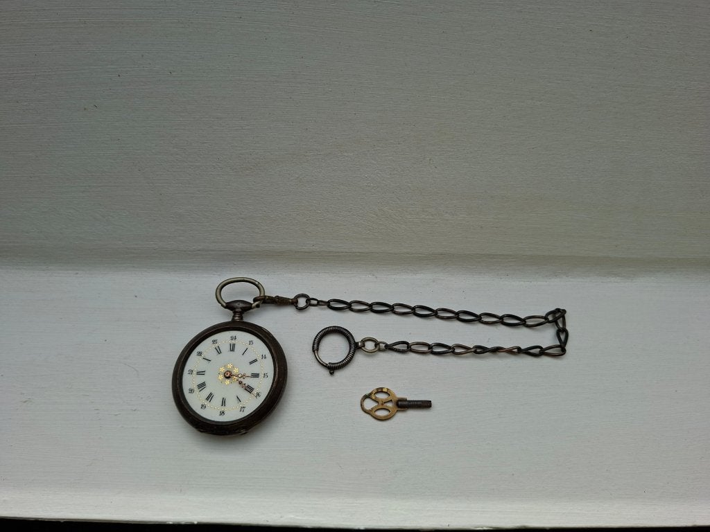 Uniek! 19e Eeuw Zakhorloge Huwaertt Houdeng Goegnies, Ophalen, Zakhorloge, Met ketting, Voor 1900