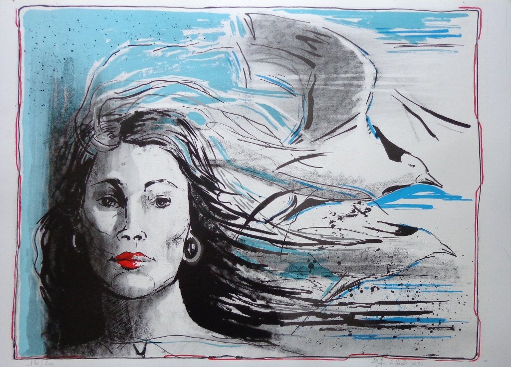 NEDERLANDSE SCHOOL / VROUW MEEUWEN / LITHO / 50x69cm / SIG, Antiquités & Art, Enlèvement ou Envoi, Lithographie, Portraits et figures