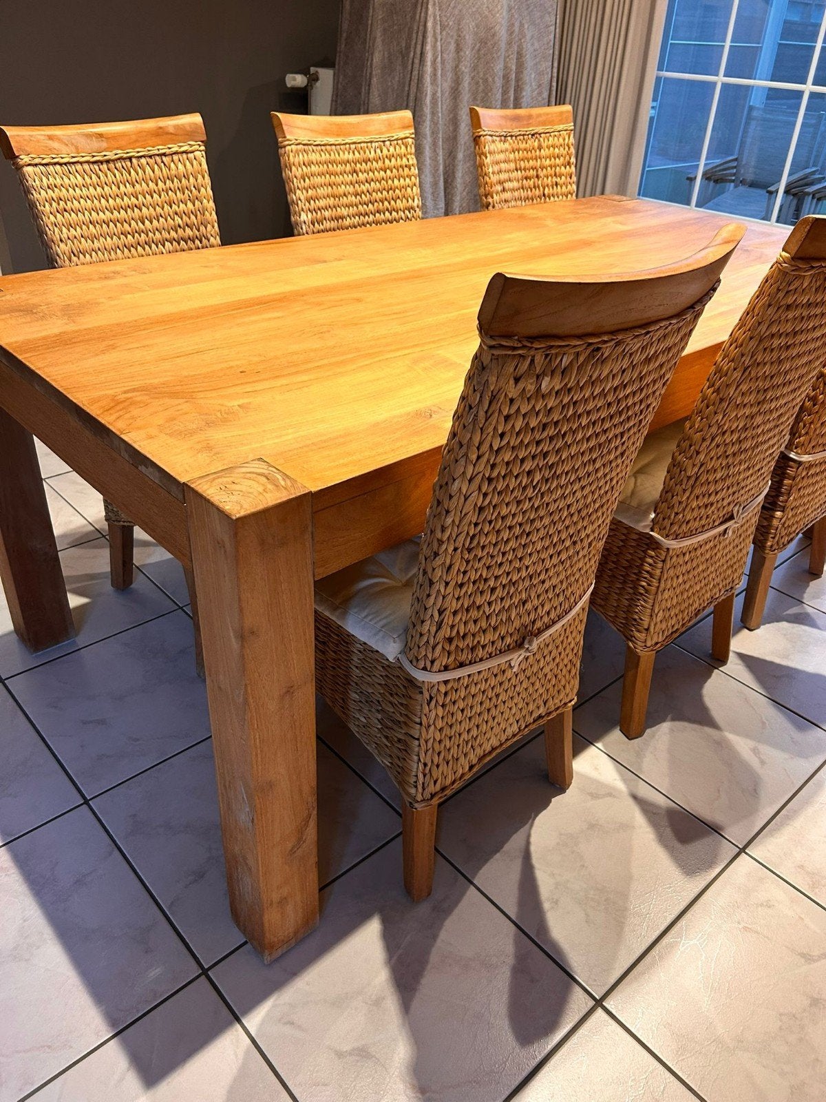 Tafel teak 200x100 met 6 stoelen met lichte gebruikssporen, Huis en Inrichting, Ophalen, Gebruikt