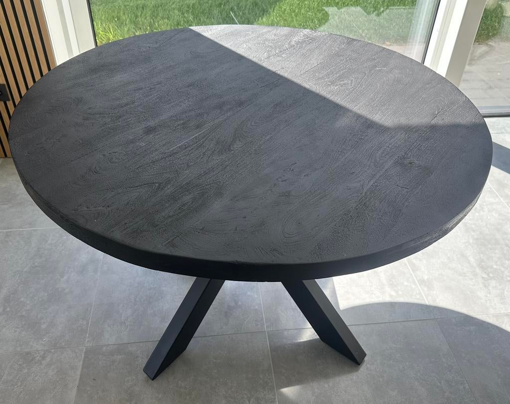 Eettafel hout 120cm Zwart, metaal onderstel, Huis en Inrichting, Ophalen, Rond, Nieuw, Metaal