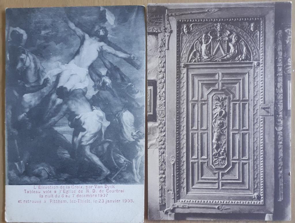 2 oude P.kaarten KORTRIJK :Kruisafneming Van Dijck + Museum, Ophalen of Verzenden, 1920 tot 1940, Ongelopen, West-Vlaanderen