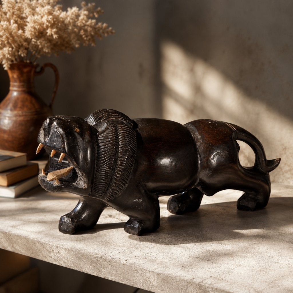 Afrikaanse handgesneden leeuw – ebony – vintage, Hout, Bruin, Afrika, Ophalen of Verzenden