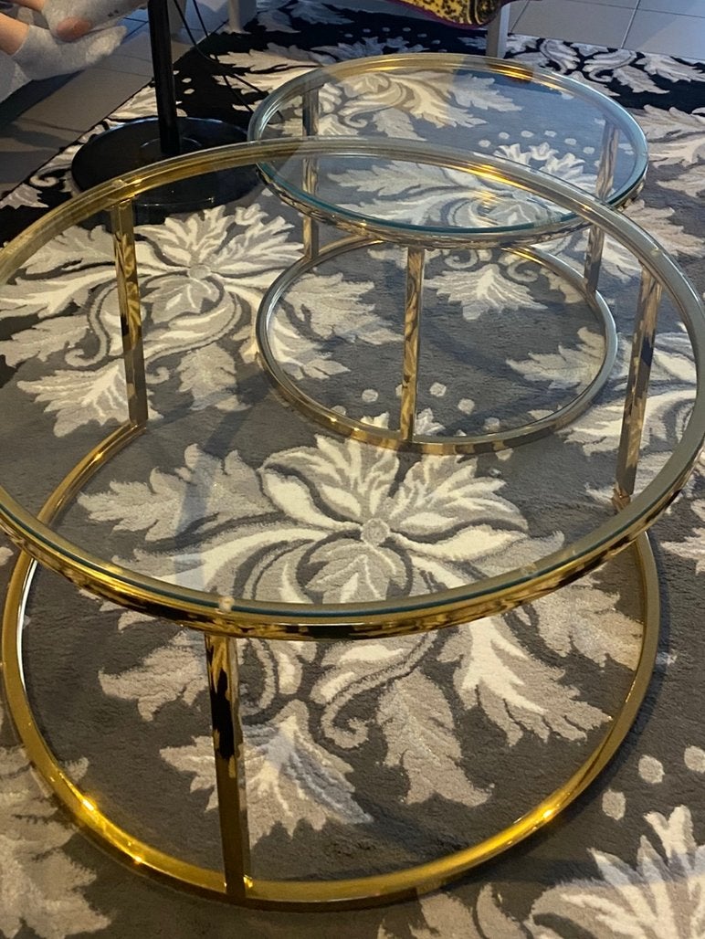 Set van 2 ronde salontafels – glas & goudkleurig, Maison & Meubles, Enlèvement, Comme neuf, Verre