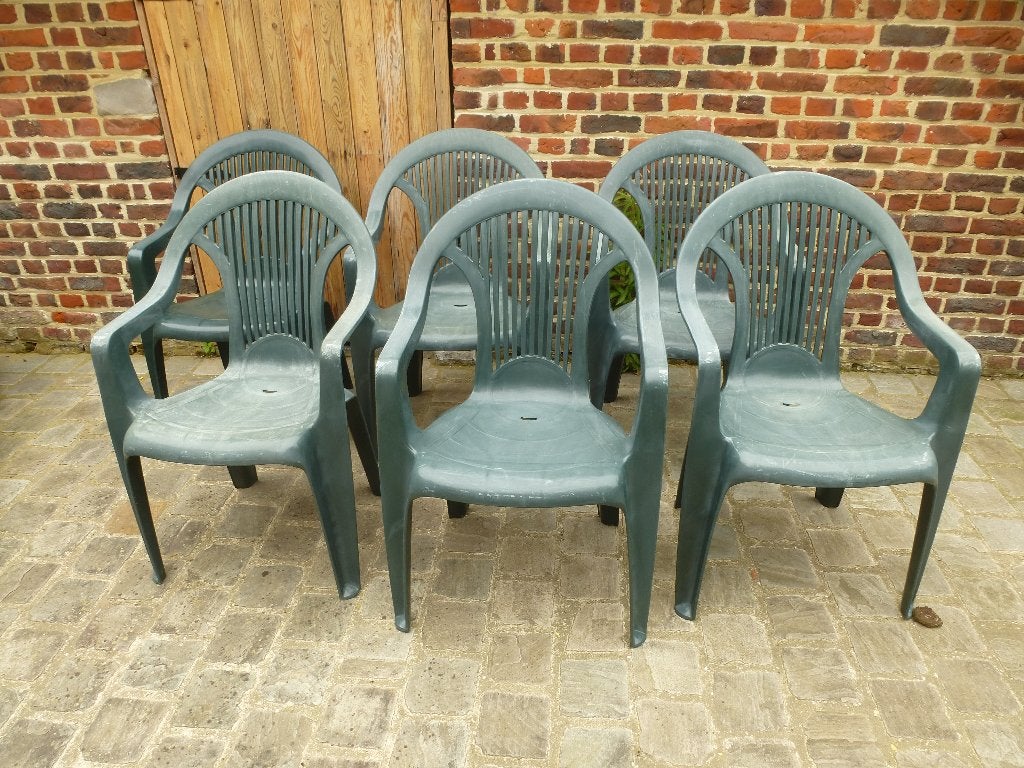 6 chaises de jardin en plastique empilables, Enlèvement, Utilisé, Synthétique, Empilable
