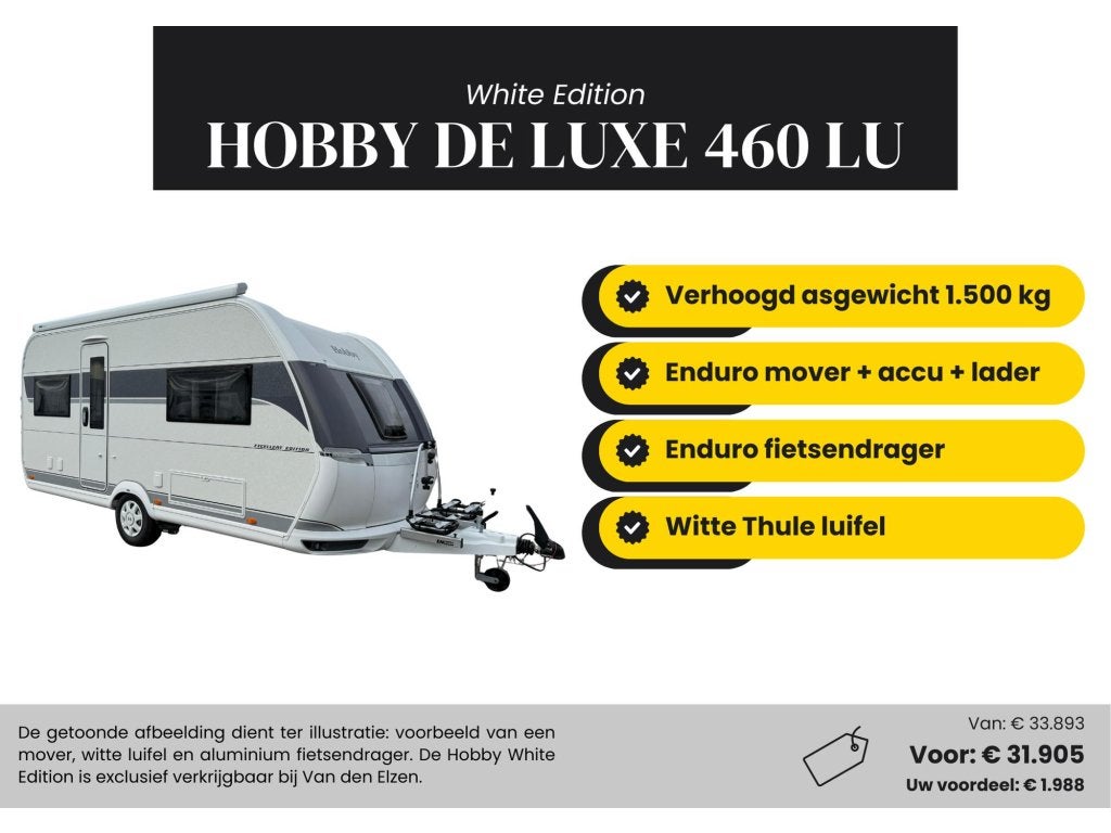 Hobby De Luxe 460 LU White Edition Actiepakket, Caravans en Kamperen, Caravans, Rondzit, Hobby, Bedrijf, 5 tot 6 meter