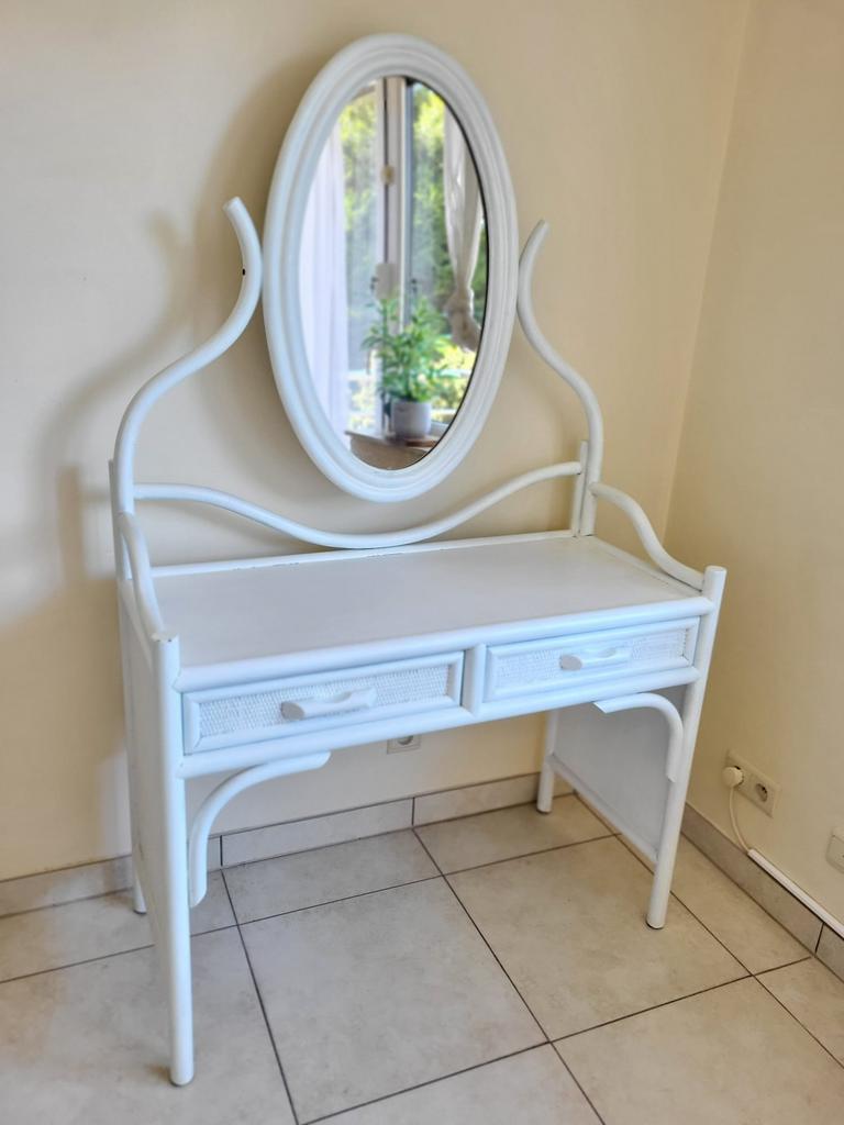 Coiffeuse en bambou blanc avec miroir, Enlèvement, Comme neuf