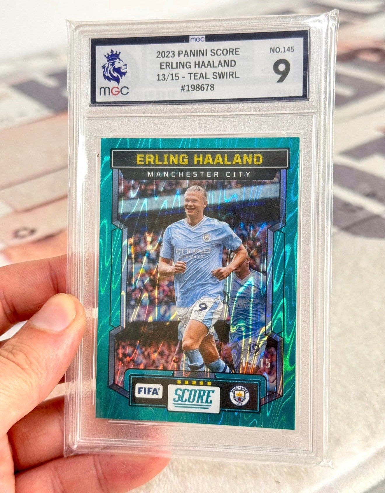 2023-2024 Panini Fifa score Erling Haaland /15 teal swirl 9, Ophalen of Verzenden, Zo goed als nieuw, Spelerskaart