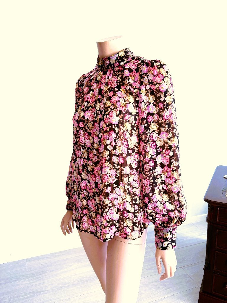 H&M Floral Blouse – Maat S – Opstaande Kraag & Ballonmouwen, H&M, Overige kleuren, Ophalen of Verzenden, Zo goed als nieuw