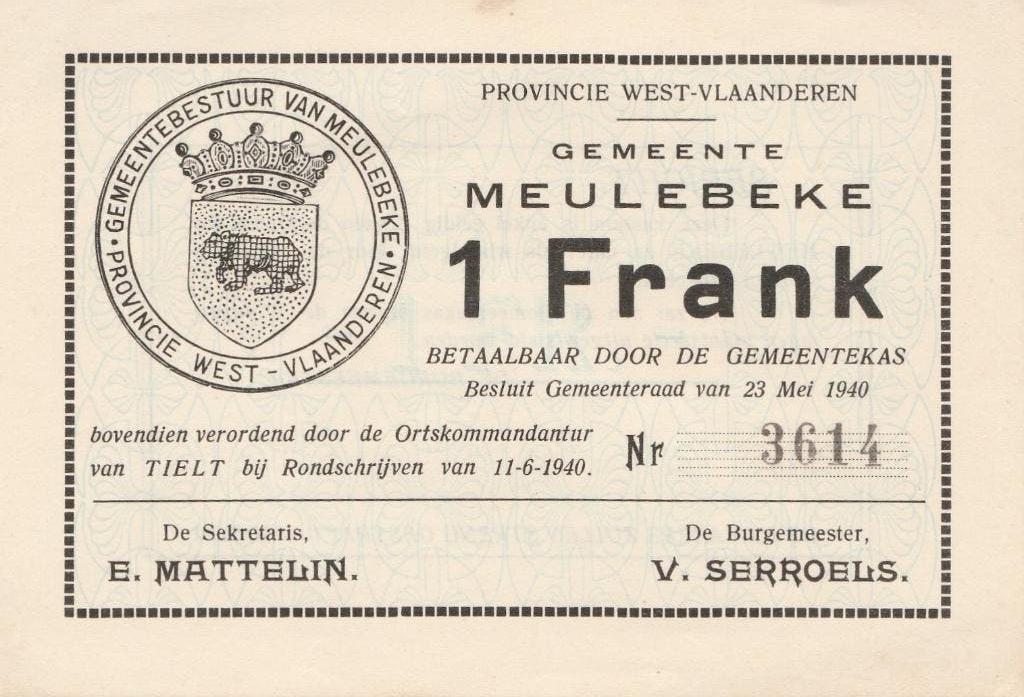 Setje van 5 Gemeente Meulebeke 1-2-5-10-20 Frank 11.06.1940, Ophalen, Setje